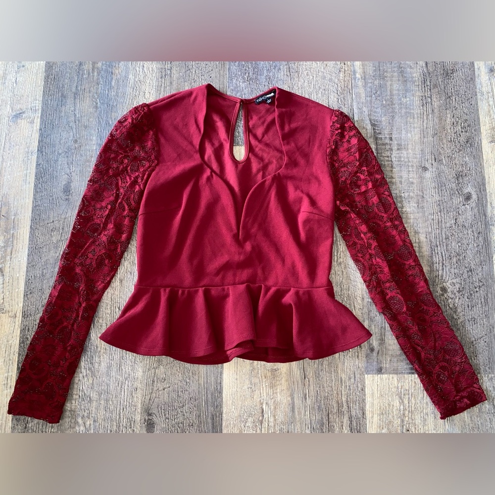 Fashion Nova Burgundy Lace-Sleeve Peplum Blouse